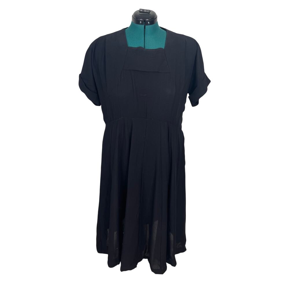 Vintage 40s 50s Eve Carver Black Rayon Crepe Pleated Dress Short Sleeve As Is